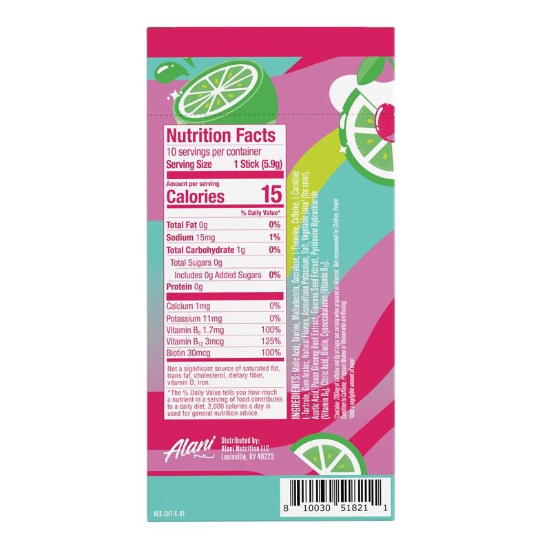 Alani Nu Cherry Twist Energy Stick showing a caffeine boost and nutrition highlights.