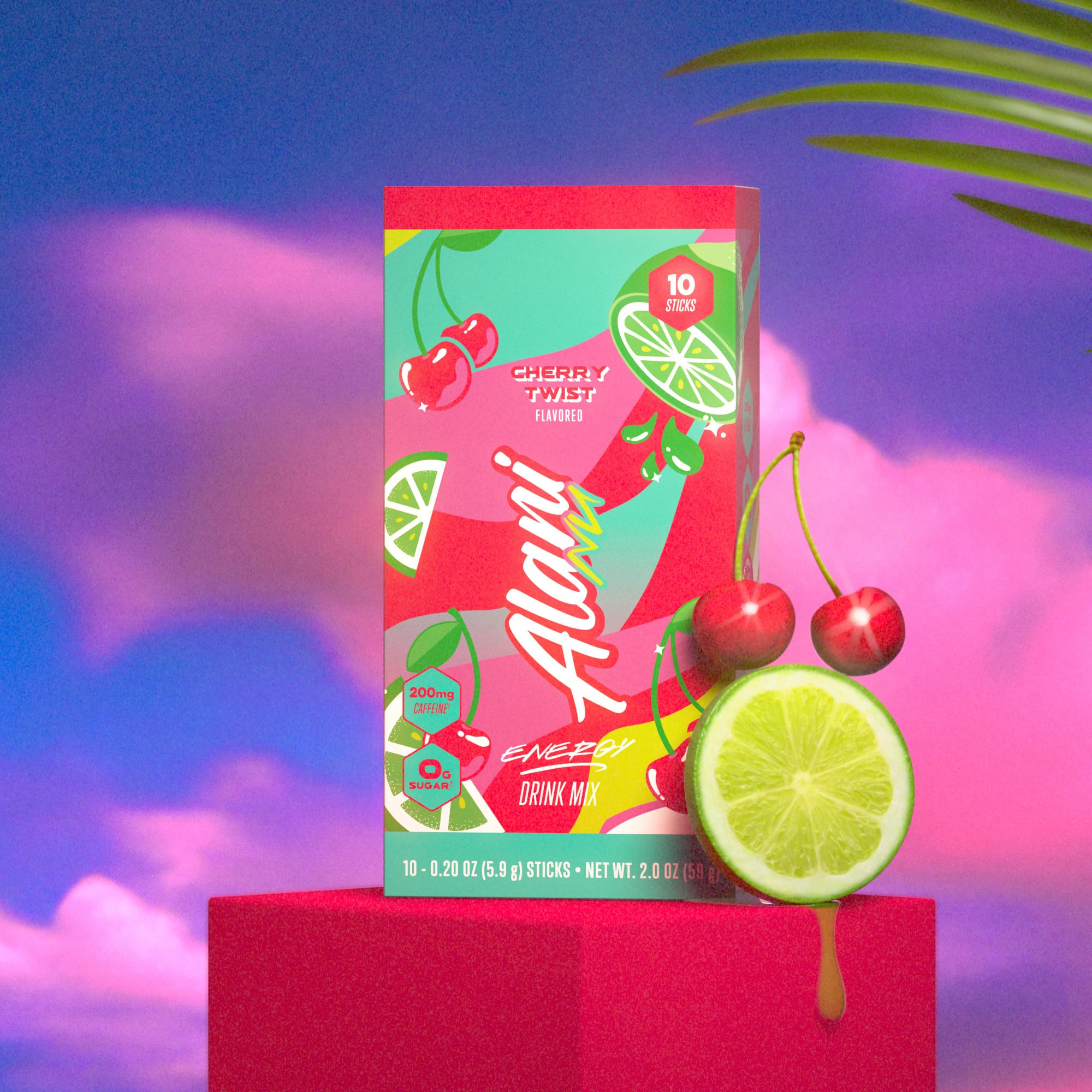 Alani Nu Cherry Twist Energy Stick in a glass of water ready to sip.
