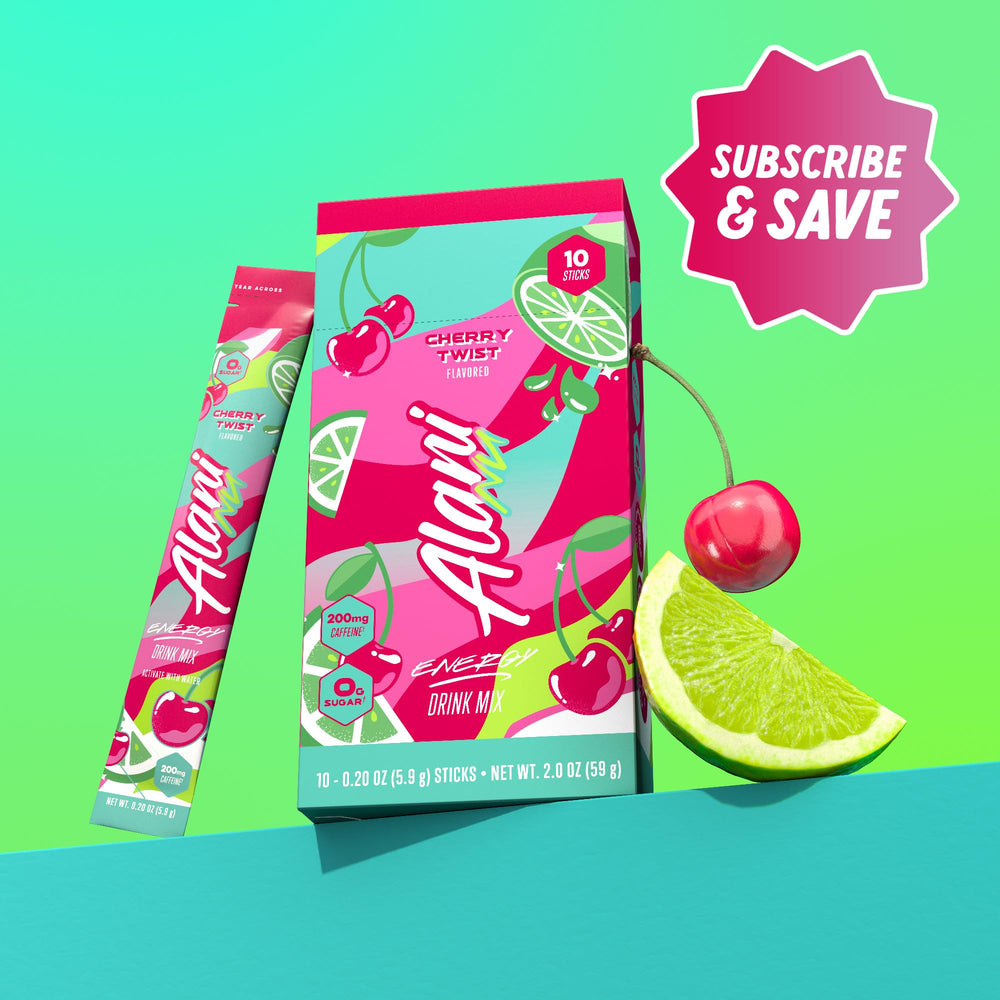 Alani Nu Cherry Twist Energy Stick label close-up highlighting vegan and gluten-free.