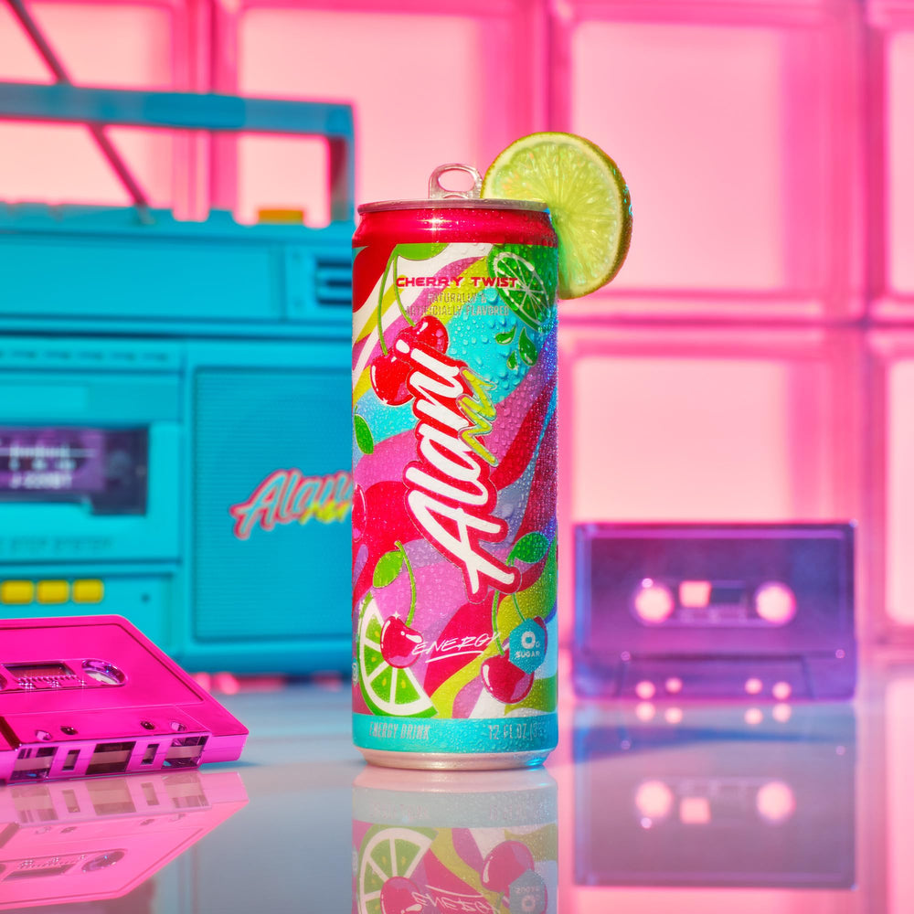 Alani Nu Cherry Twist glass with can on table invites on-the-go sip.