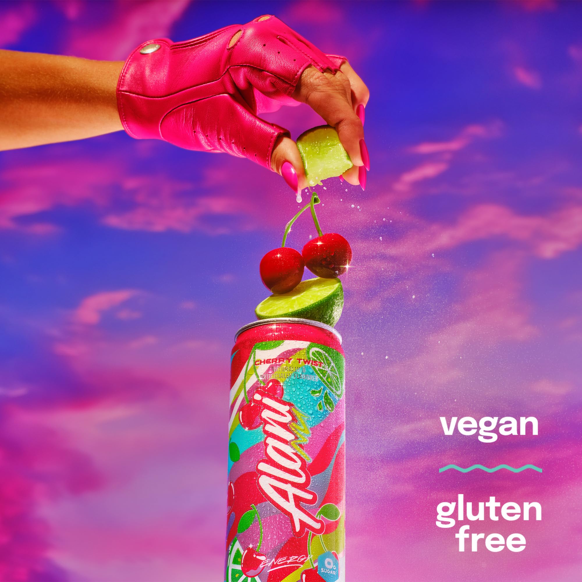 Alani Nu Cherry Twist ingredients blur emphasizes clean energy components.