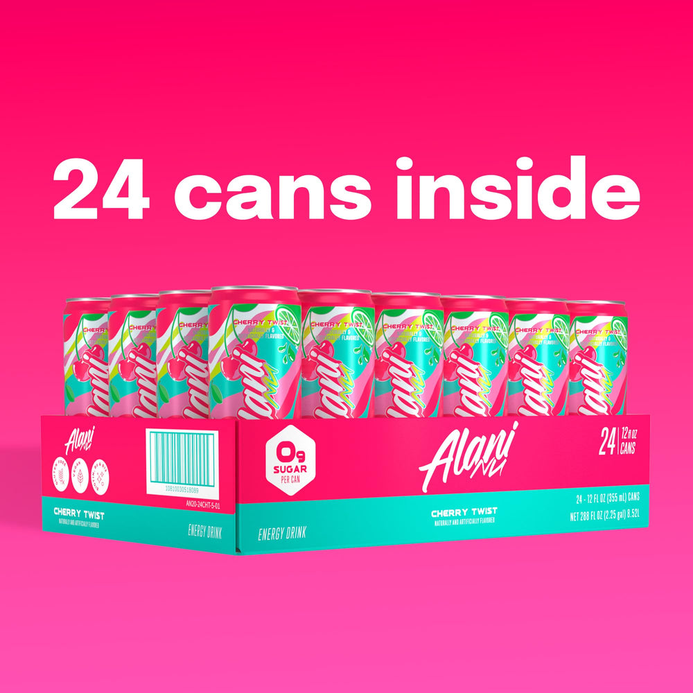 Alani Nu Cherry Twist leaf background emphasizes vegan and gluten-free branding.