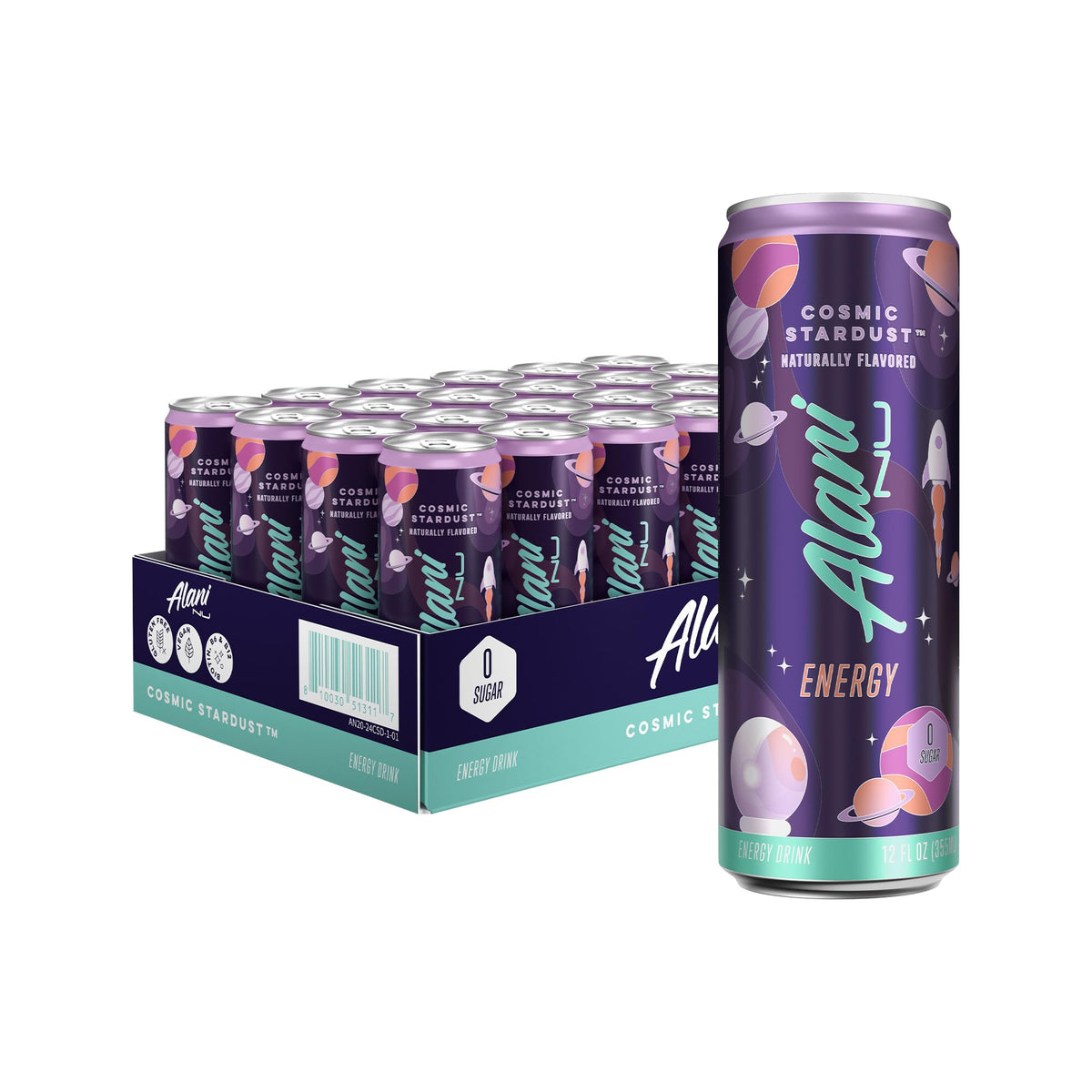Alani Nu Cosmic Stardust can front view showing bold energy boost.