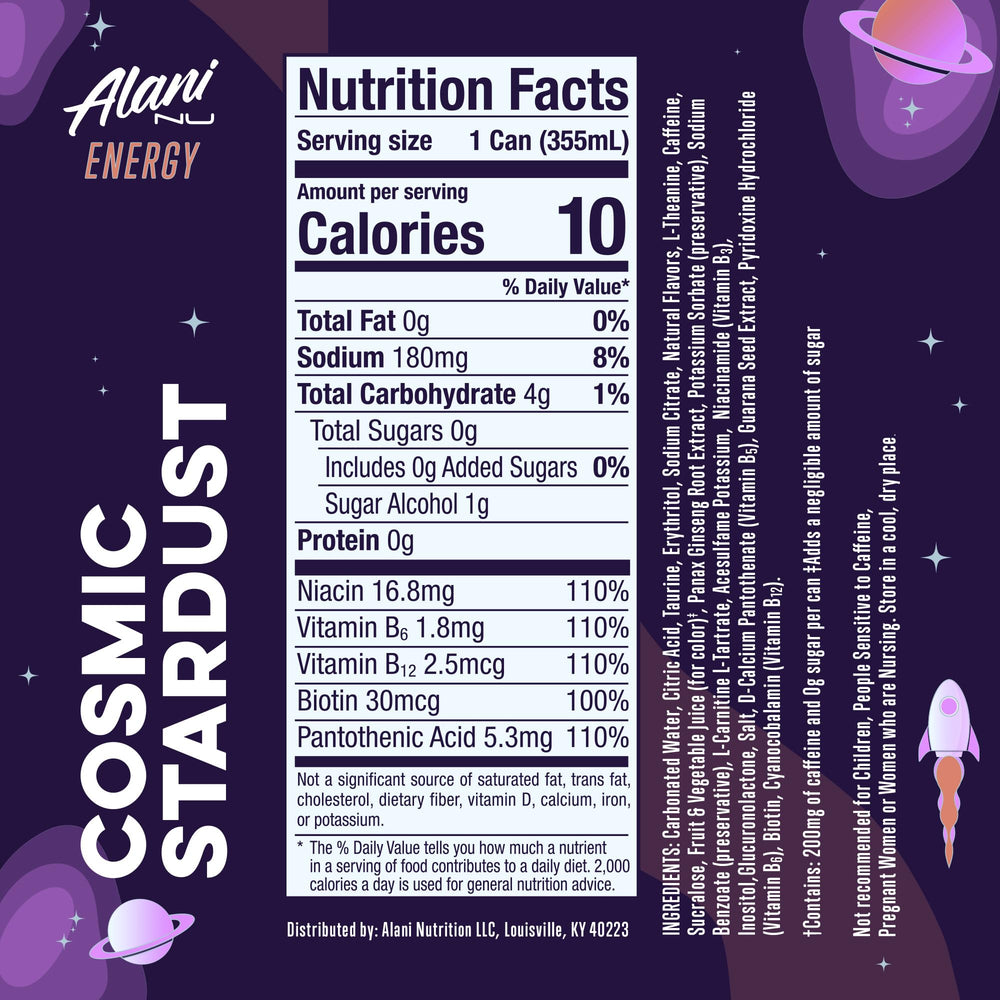 Alani Nu Cosmic Stardust can side profile highlighting sugar-free formula.