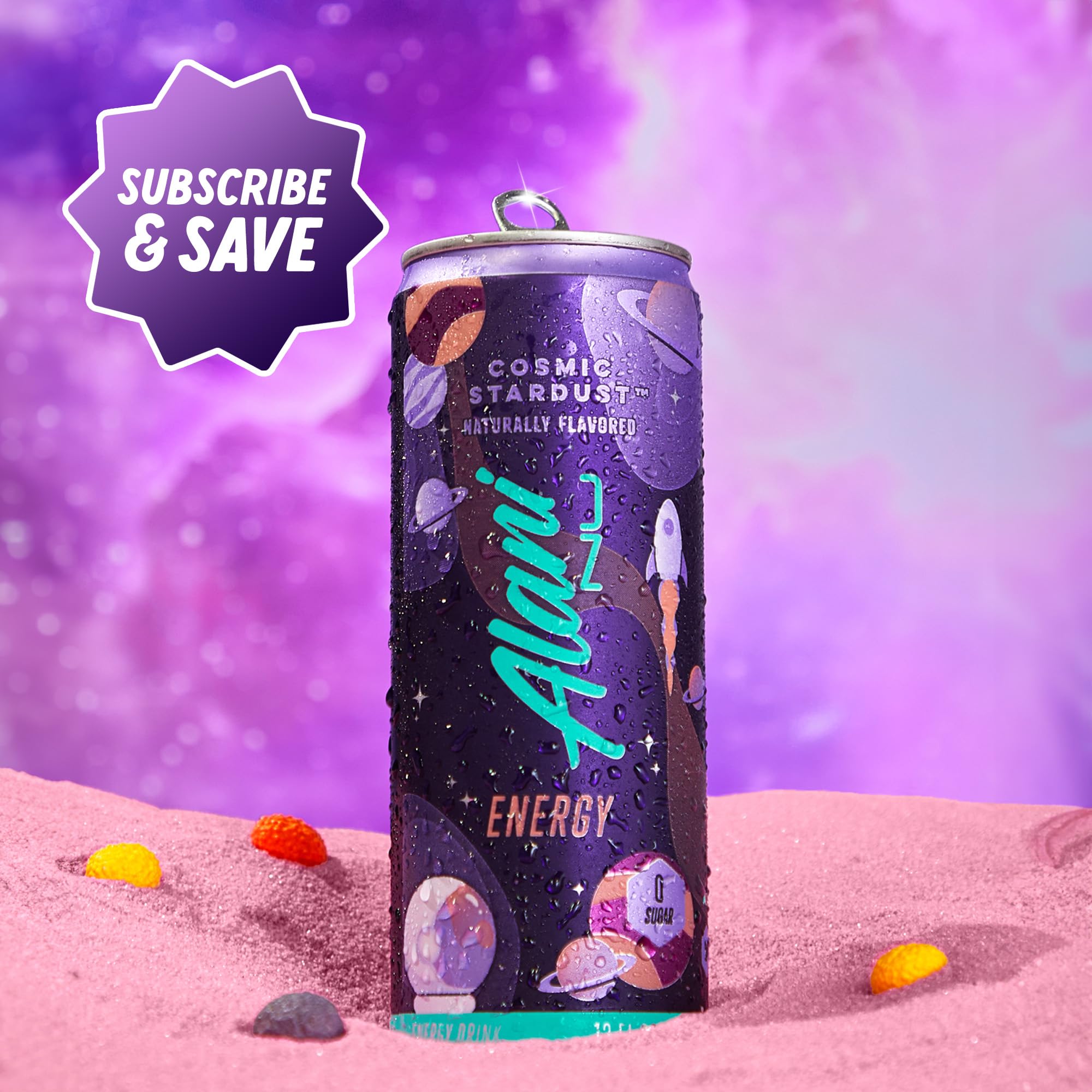 Alani Nu Cosmic Stardust can tilt to showcase bold label design.