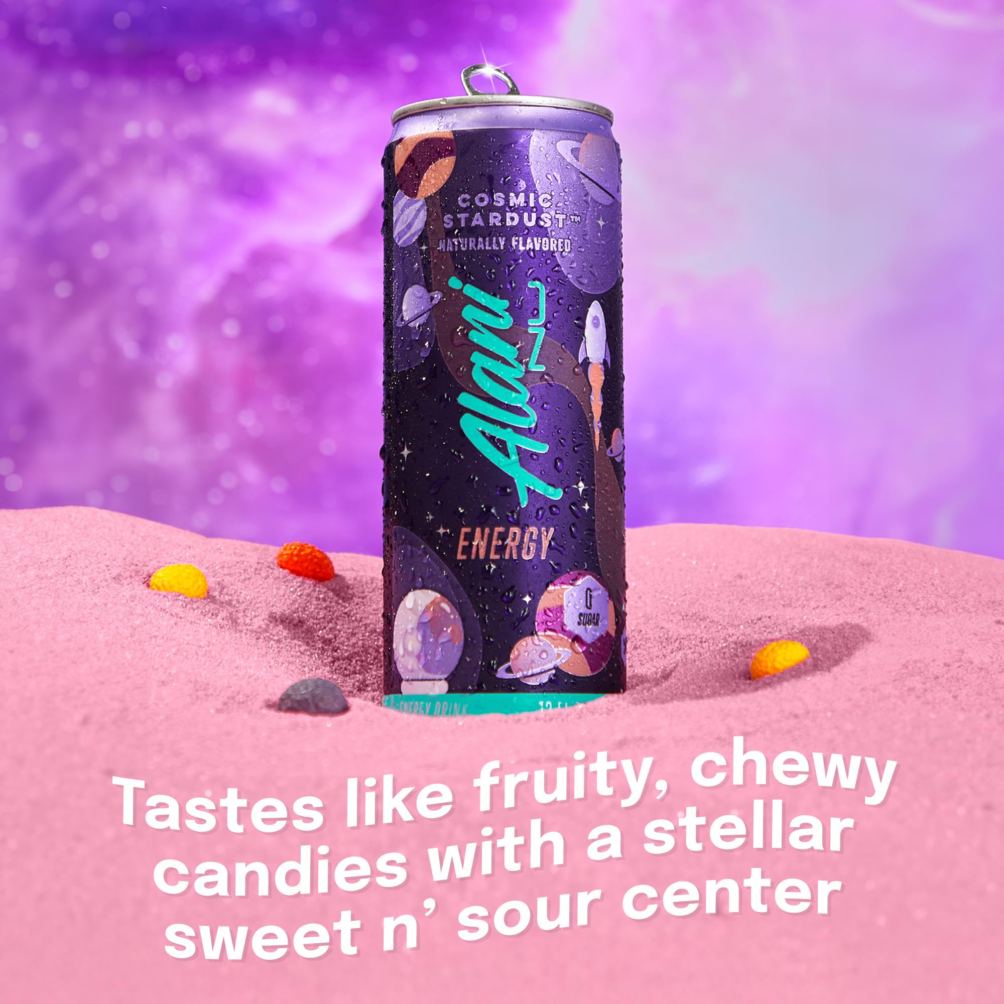 Alani Nu Cosmic Stardust label close-up with caffeine and vitamins details.