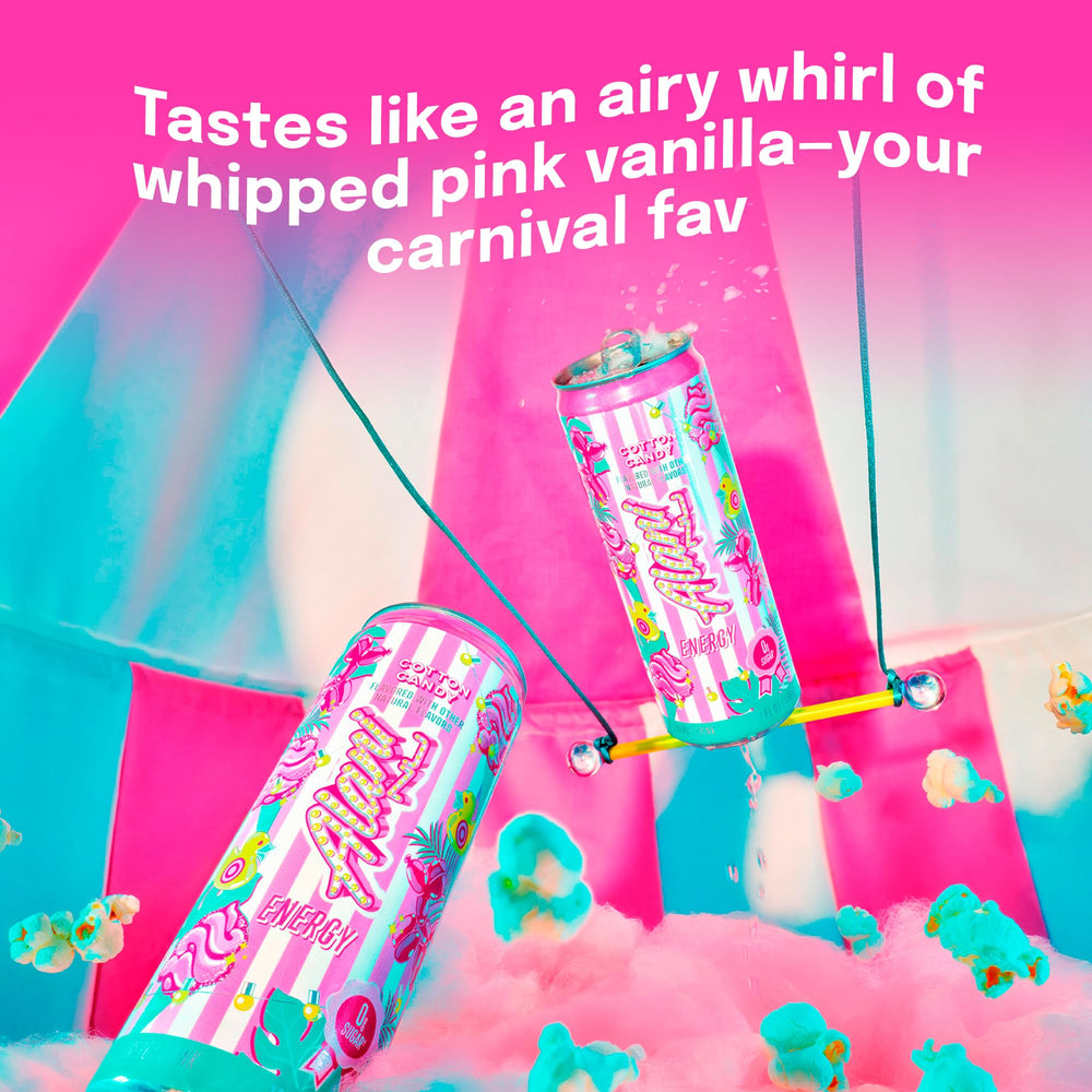 Alani Nu Cotton Candy energy label close-up shows sugar-free formula.