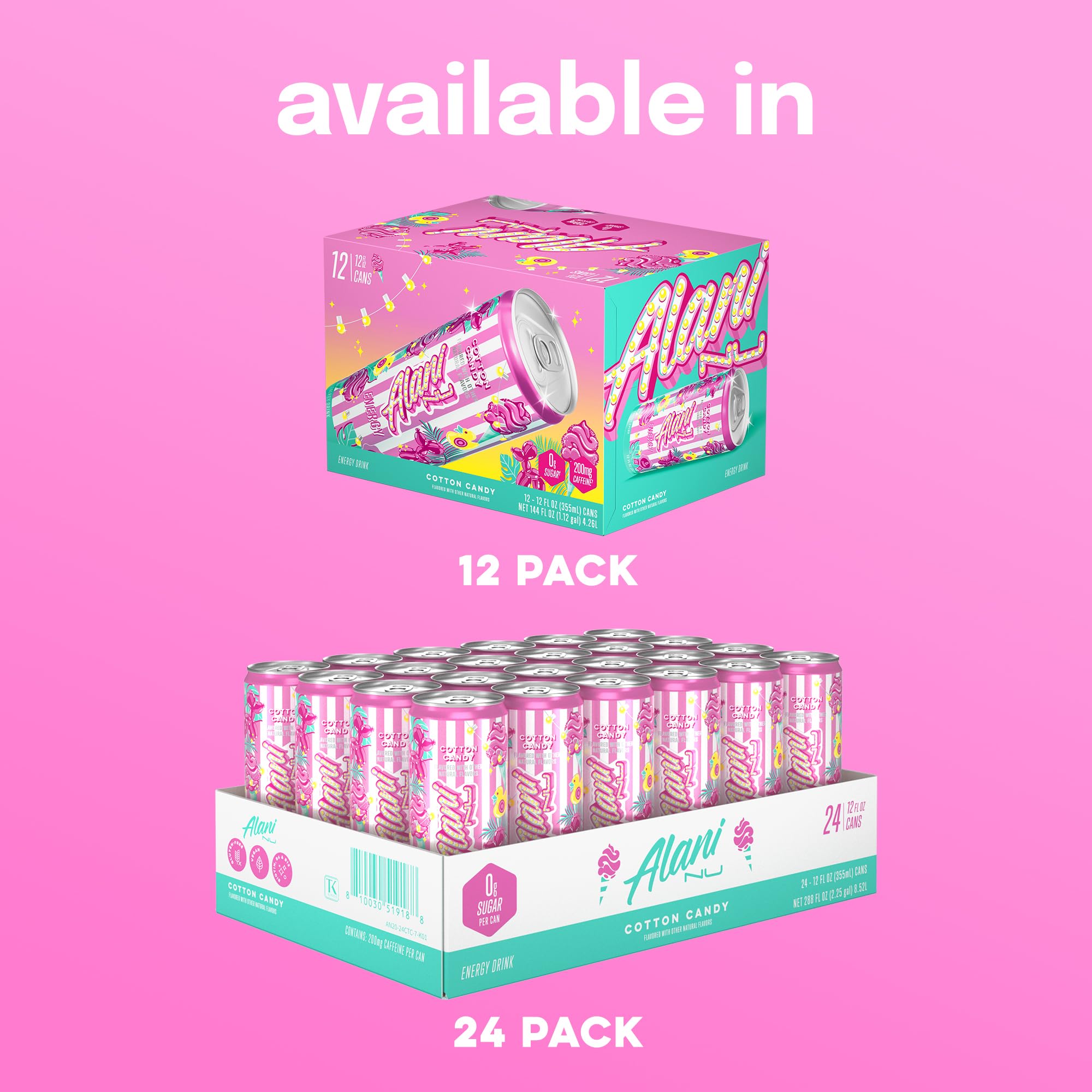 Alani Nu Cotton Candy energy can sideview with bold flavor profile.