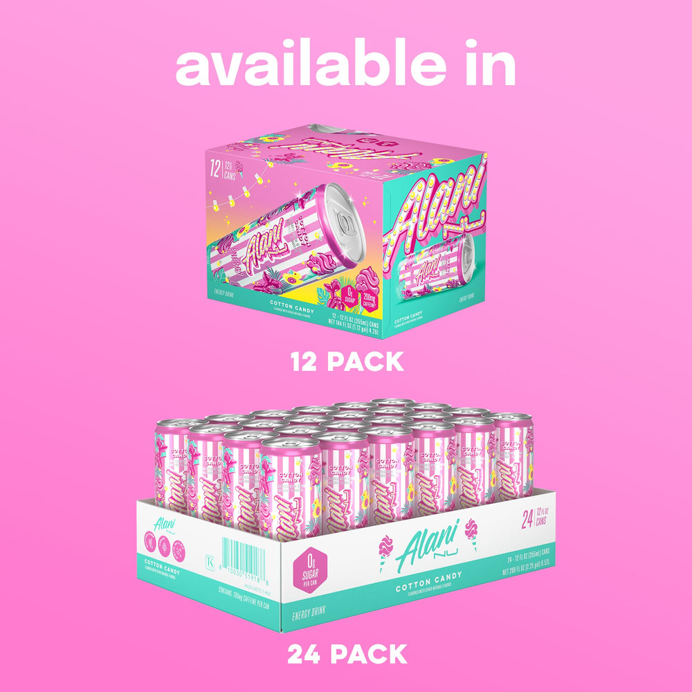 Alani Nu Cotton Candy energy can sideview with bold flavor profile.