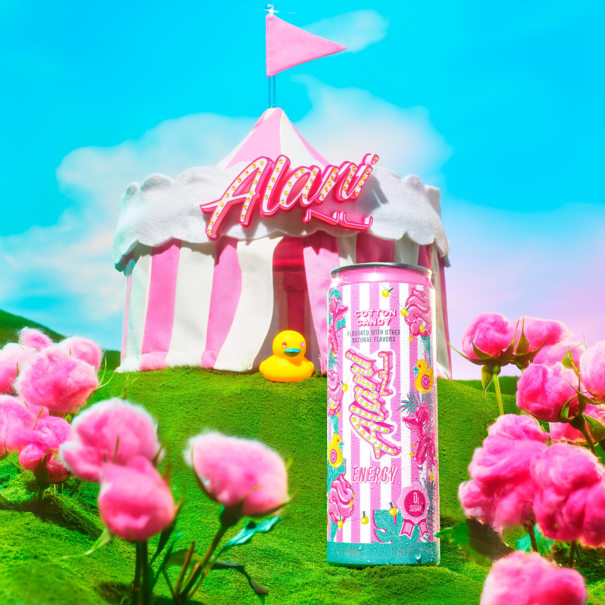 Alani Nu Cotton Candy energy label detail with ingredients highlights.
