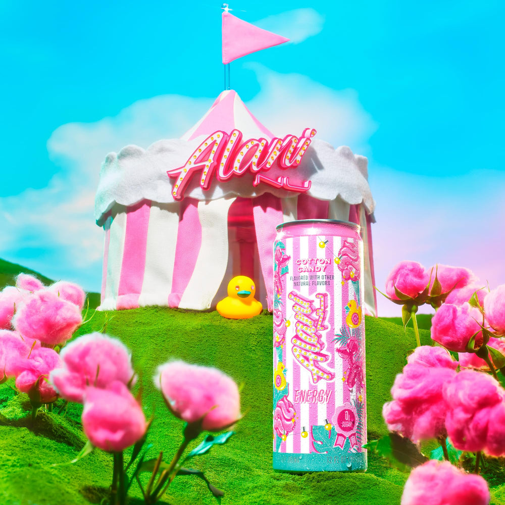 Alani Nu Cotton Candy energy label detail with ingredients highlights.