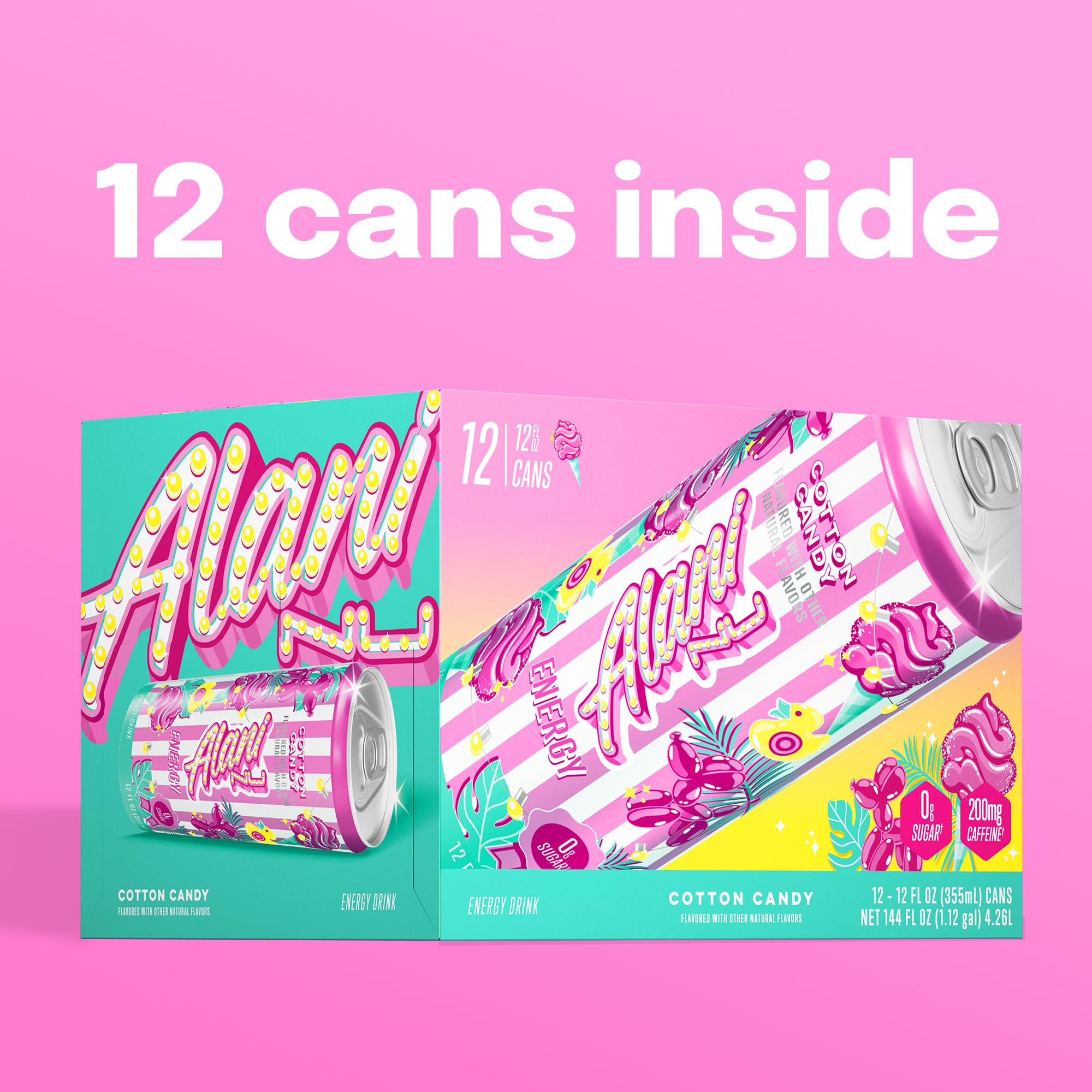 Row of Alani Nu Cotton Candy energy cans for sharing and travel.