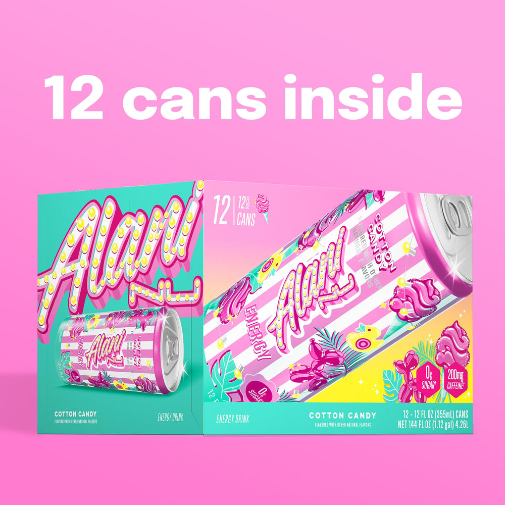 Row of Alani Nu Cotton Candy energy cans for sharing and travel.