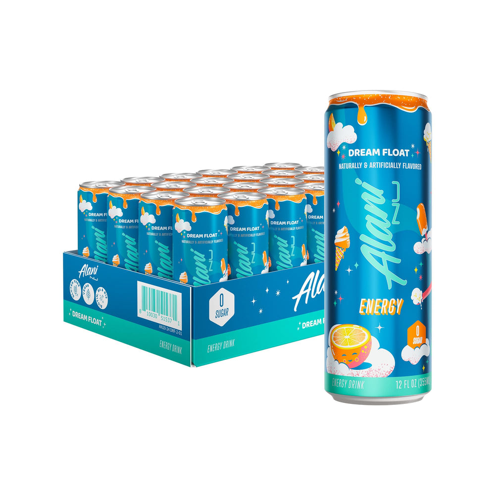 Alani Nu Dream Float can front view showcasing zero sugar and vibrant flavor.