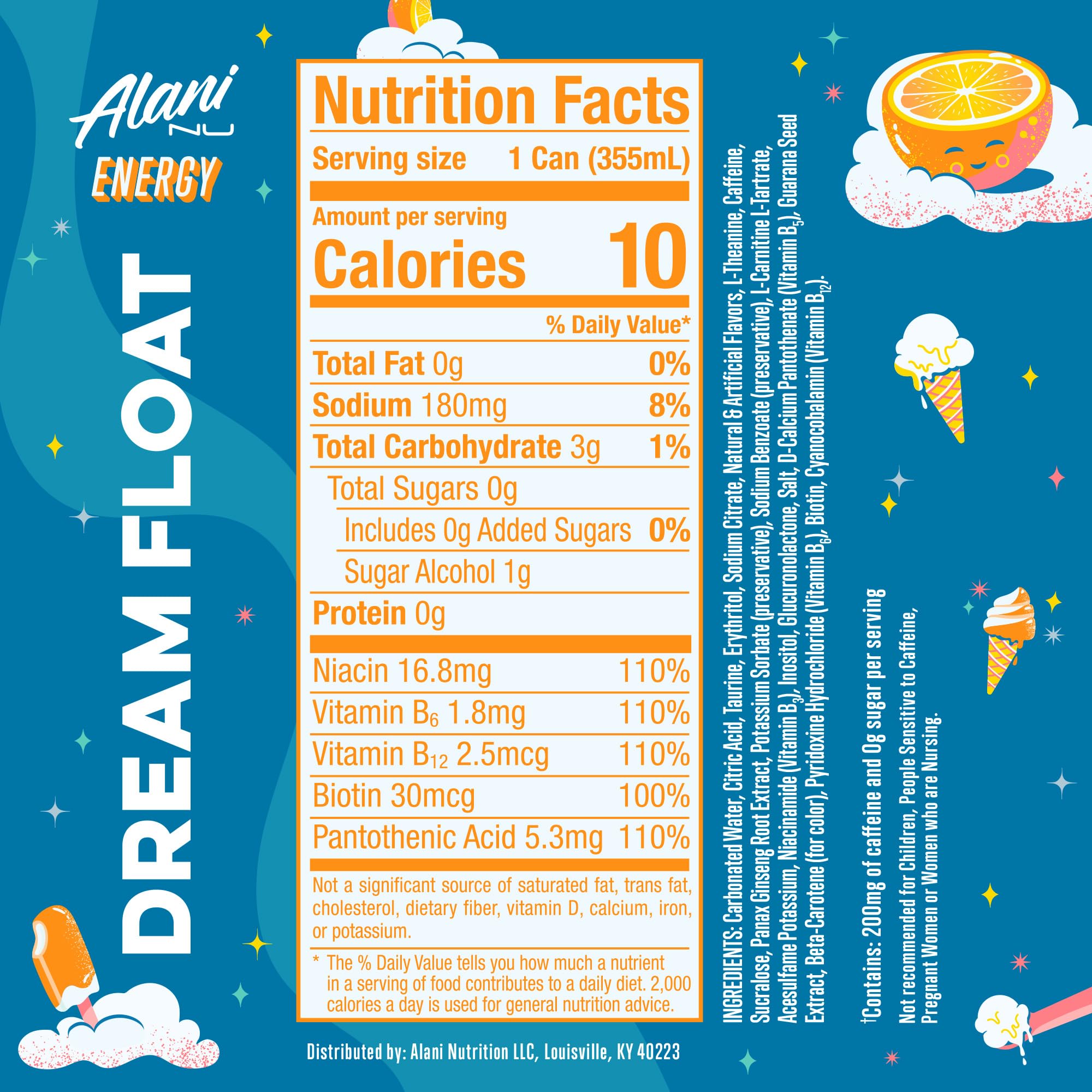 Alani Nu Dream Float ingredient botanicals highlights ginseng and B vitamins.