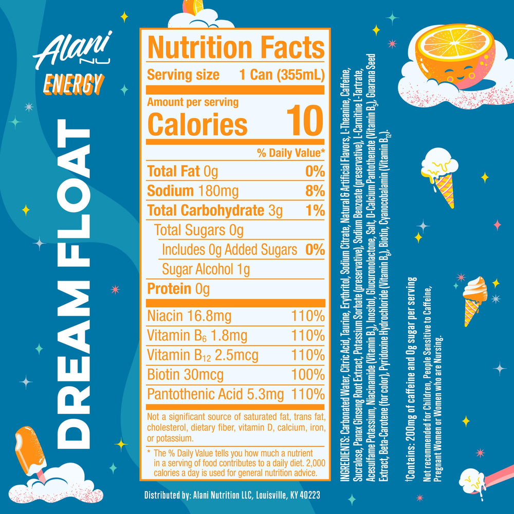 Alani Nu Dream Float ingredient botanicals highlights ginseng and B vitamins.