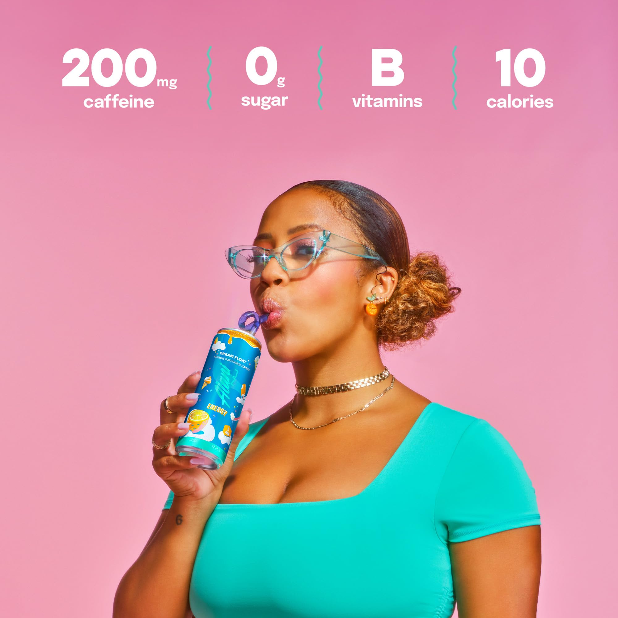Alani Nu DREAM FLOAT label close-up reveals vegan, gluten-free formula and no artificial colors