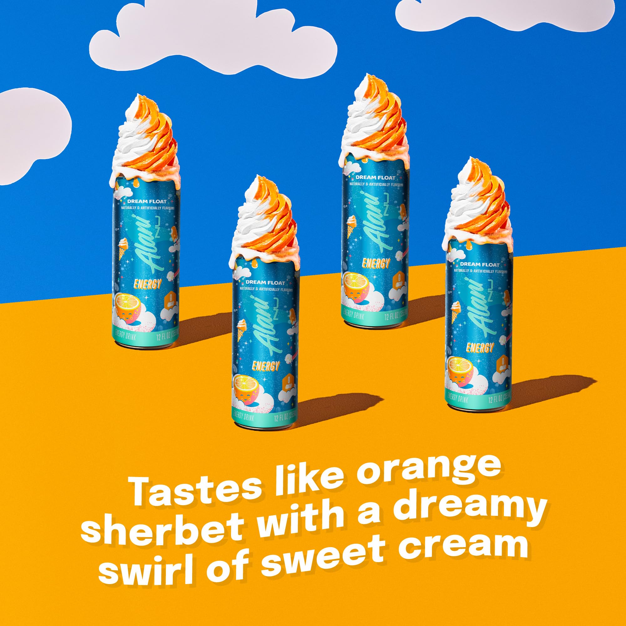 Alani Nu DREAM FLOAT 12-pack display shows convenient zero-sugar energy for busy days