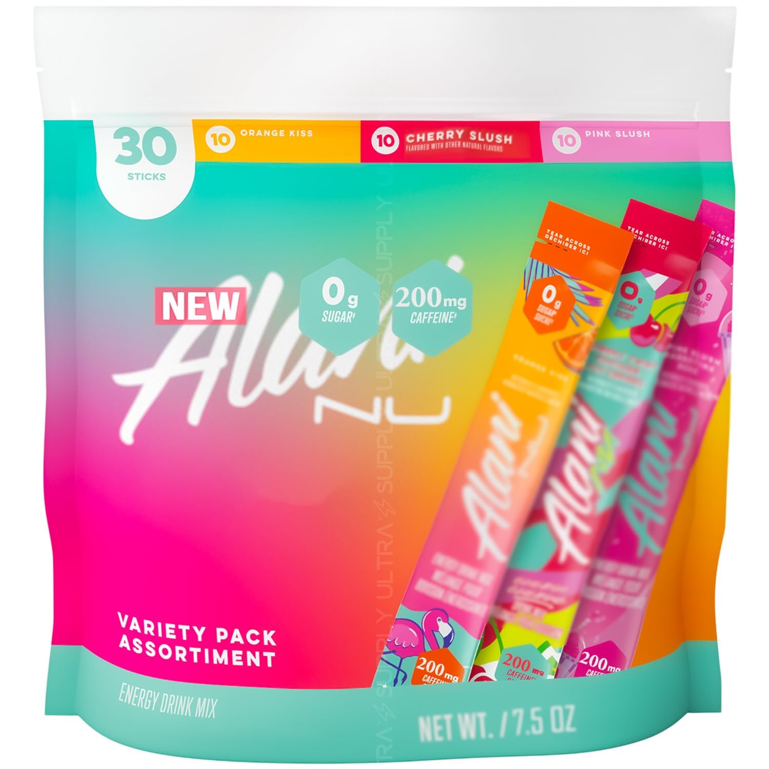 Alani Nu energy drink mix variety pack box with 30 sticks for versatile energy options.