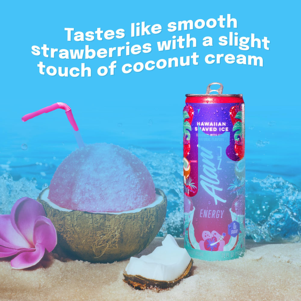 Pour-ready Alani Nu Hawaiian Shaved Ice can captured for on-the-go use