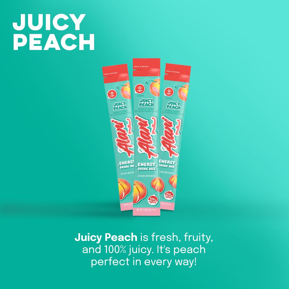 Label showing 200mg caffeine in Alani Nu Juicy Peach stick