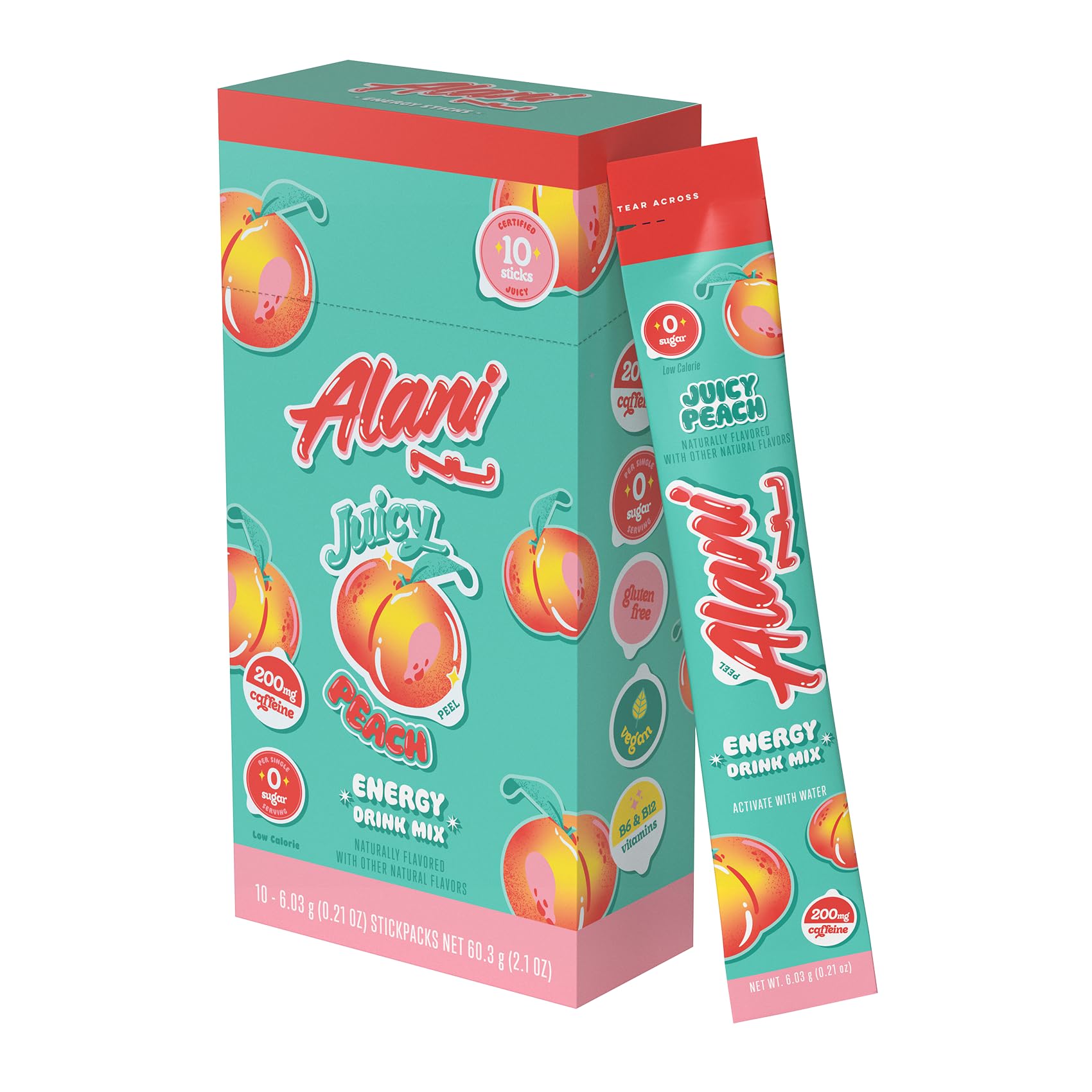 Alani Nu Juicy Peach Energy Stick packet for quick energy on the go