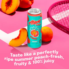 Alani Nu Juicy Peach glass with bold flavor for workouts or commutes