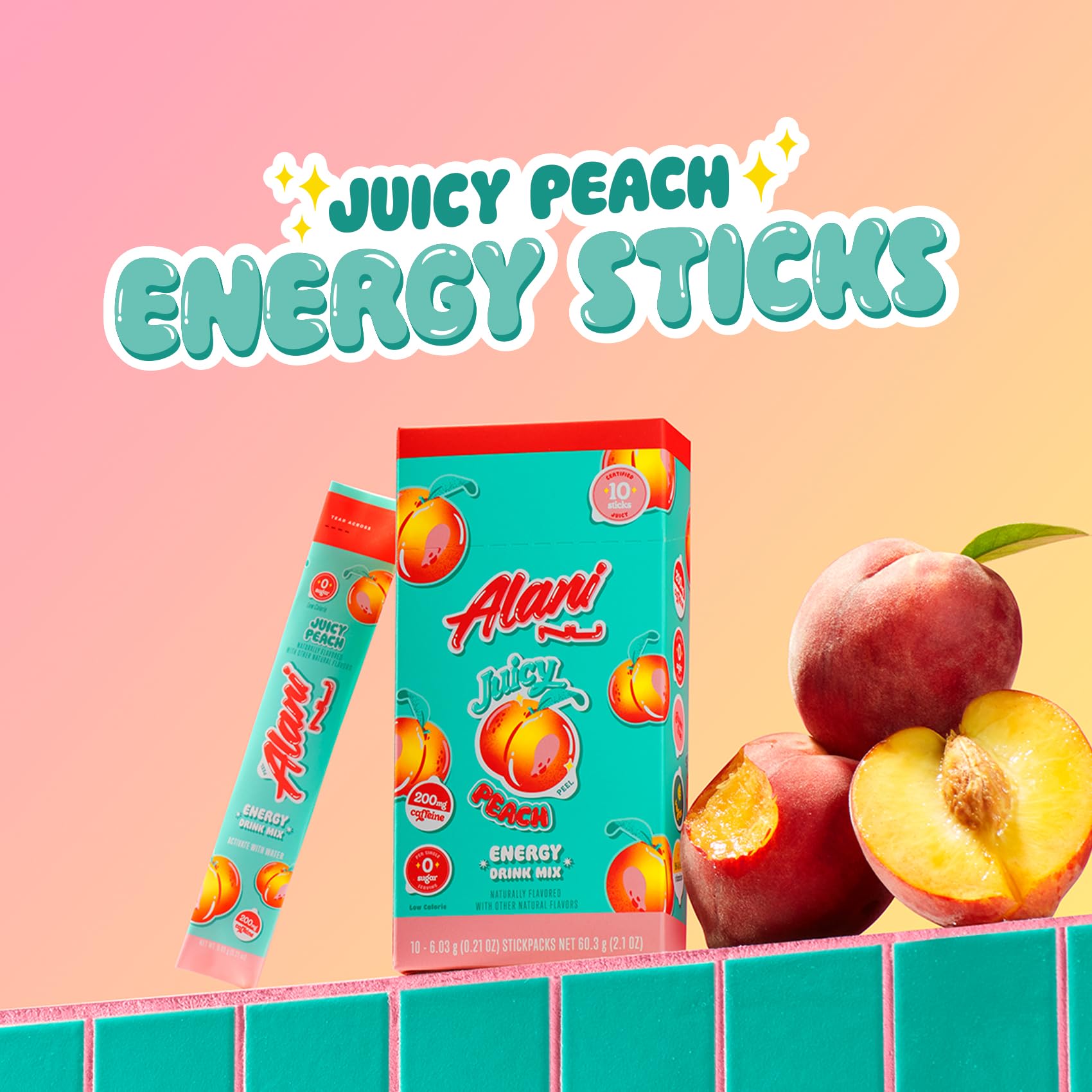 On-the-go Juicy Peach energy sticks in a pocket-sized pack