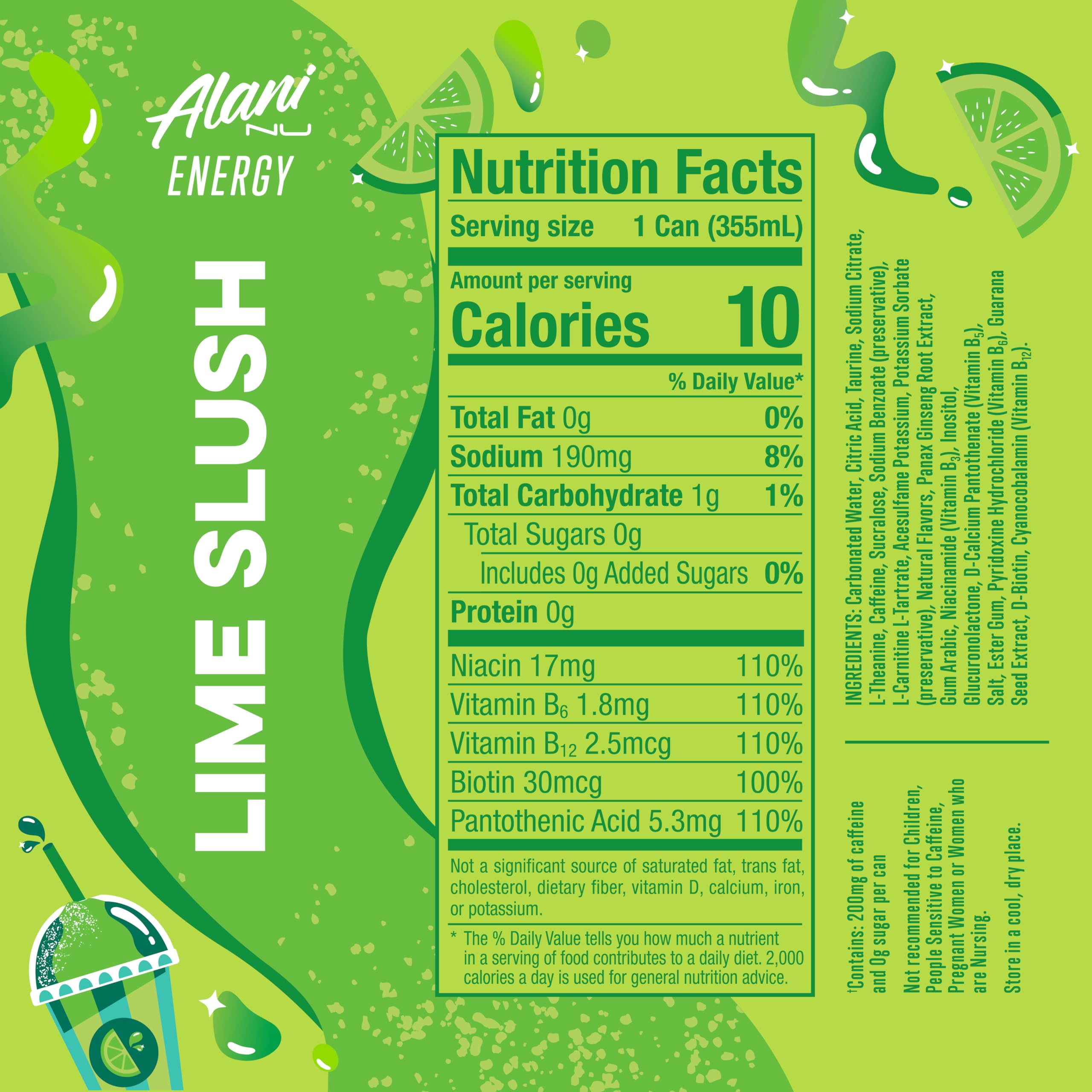 Alani Nu Lime Slush can pour close-up shows crisp carbonation for smooth flavor.