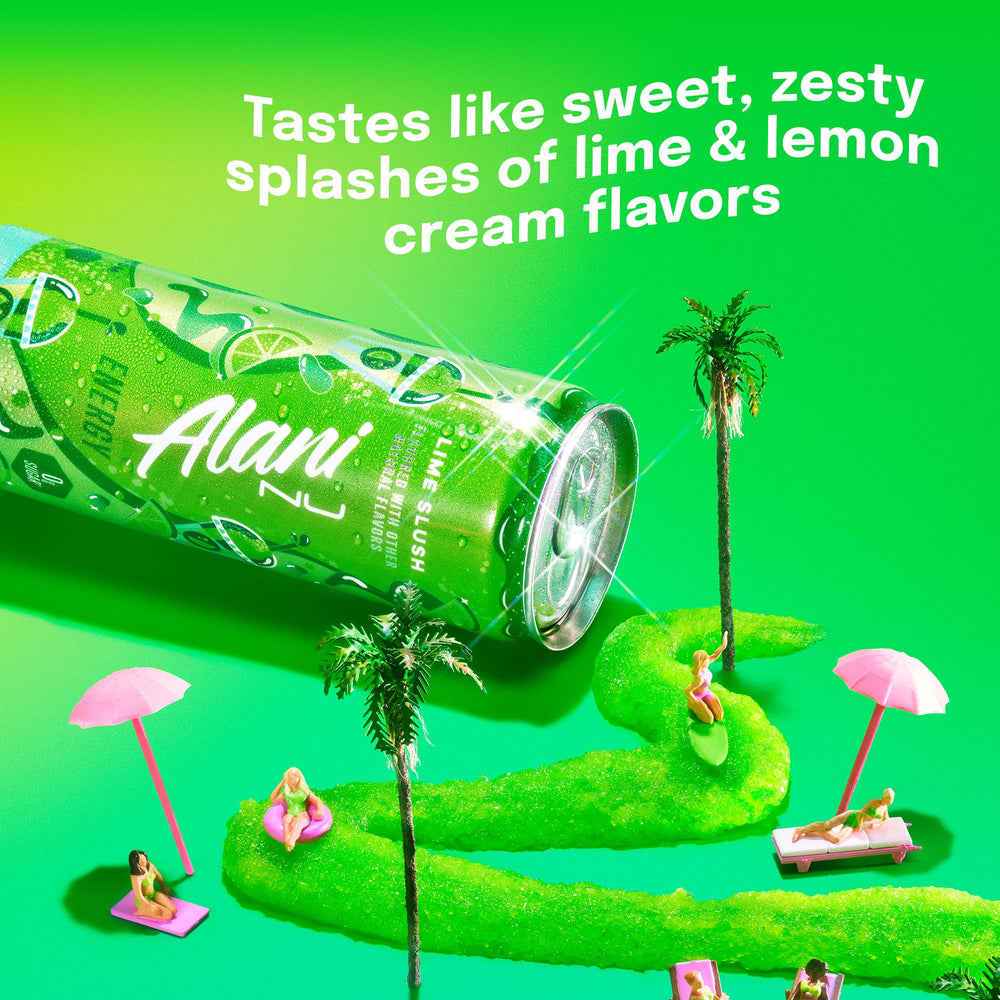 Alani Nu Lime Slush close-up glass highlights 200mg caffeine for focus.