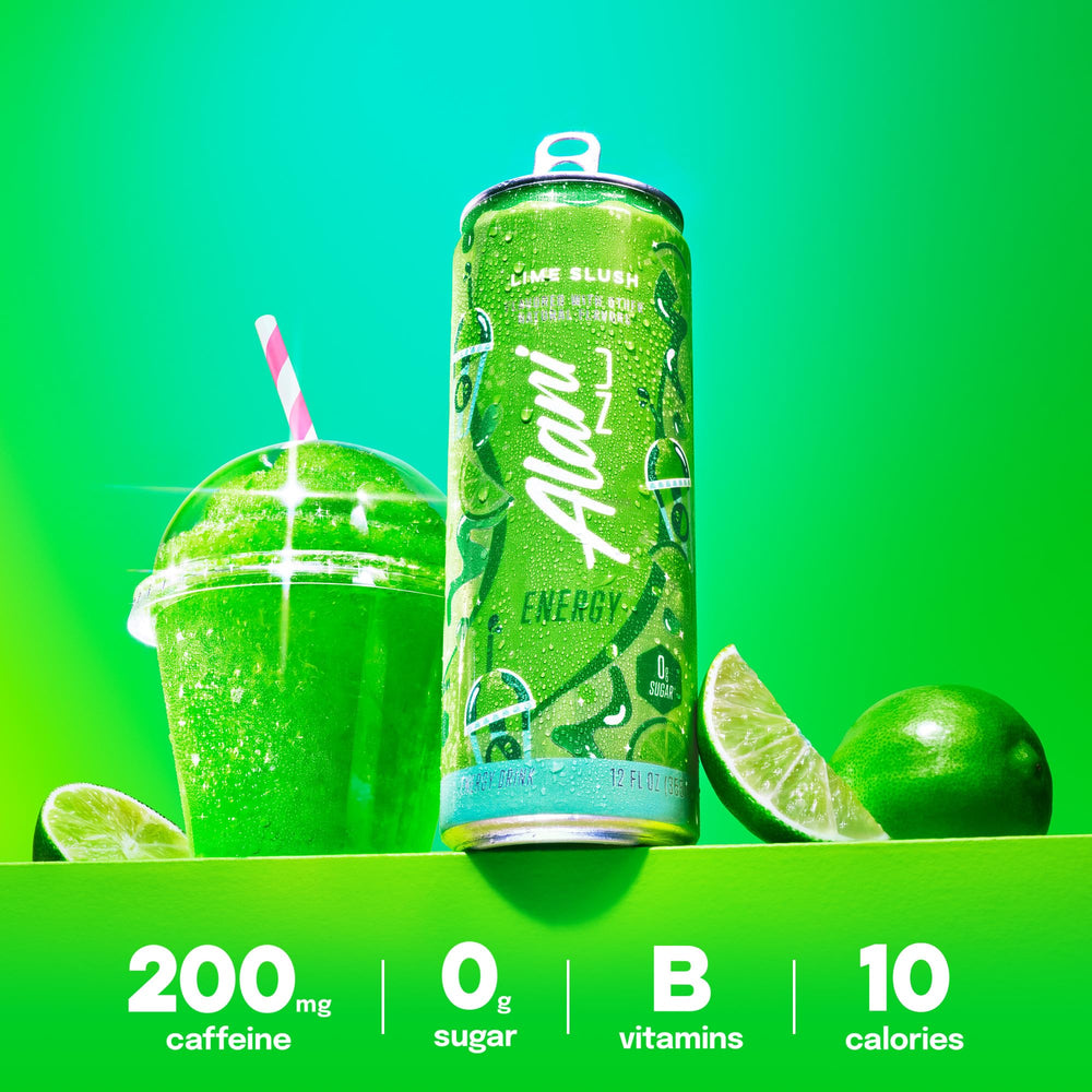 Alani Nu Lime Slush with lime slice emphasizes refreshing, zero sugar energy.