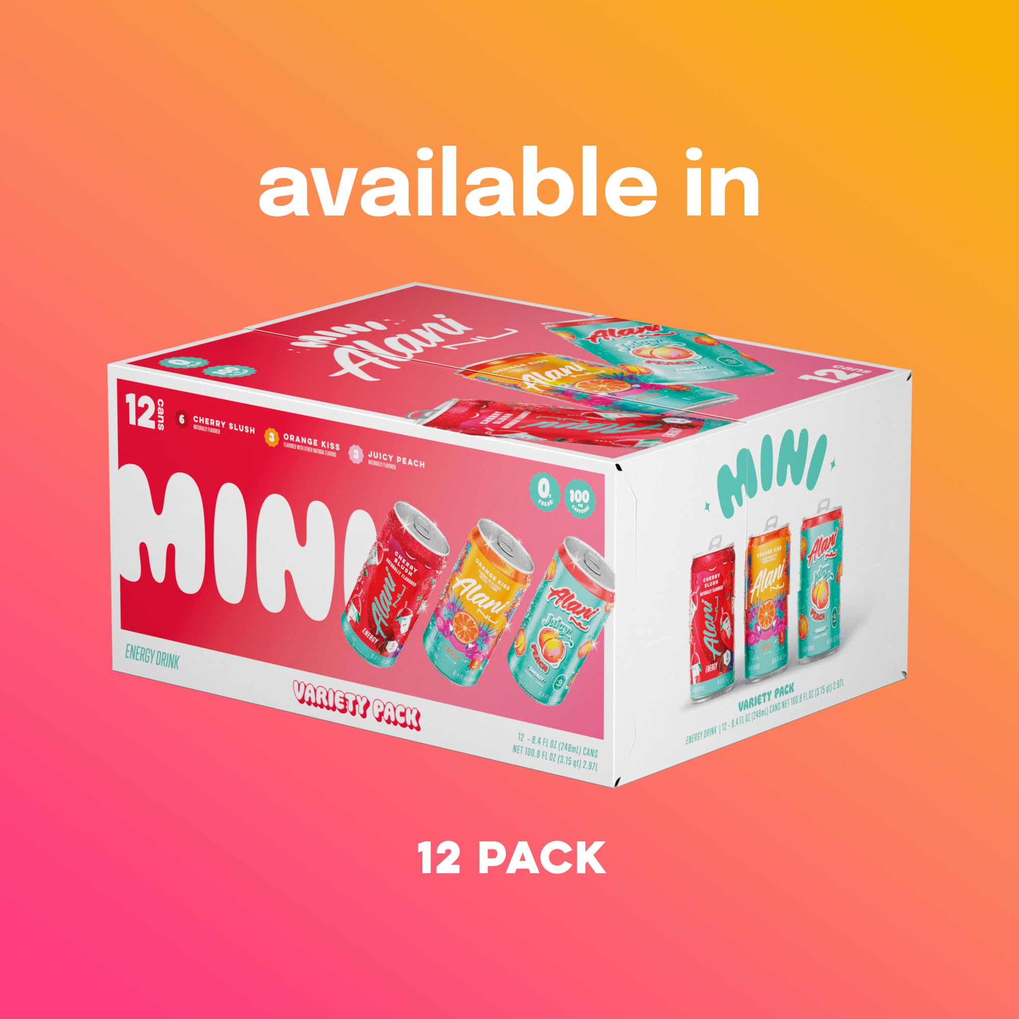Alani Nu Mini Energy Juicy Peach label emphasizes vegan and gluten-free formula