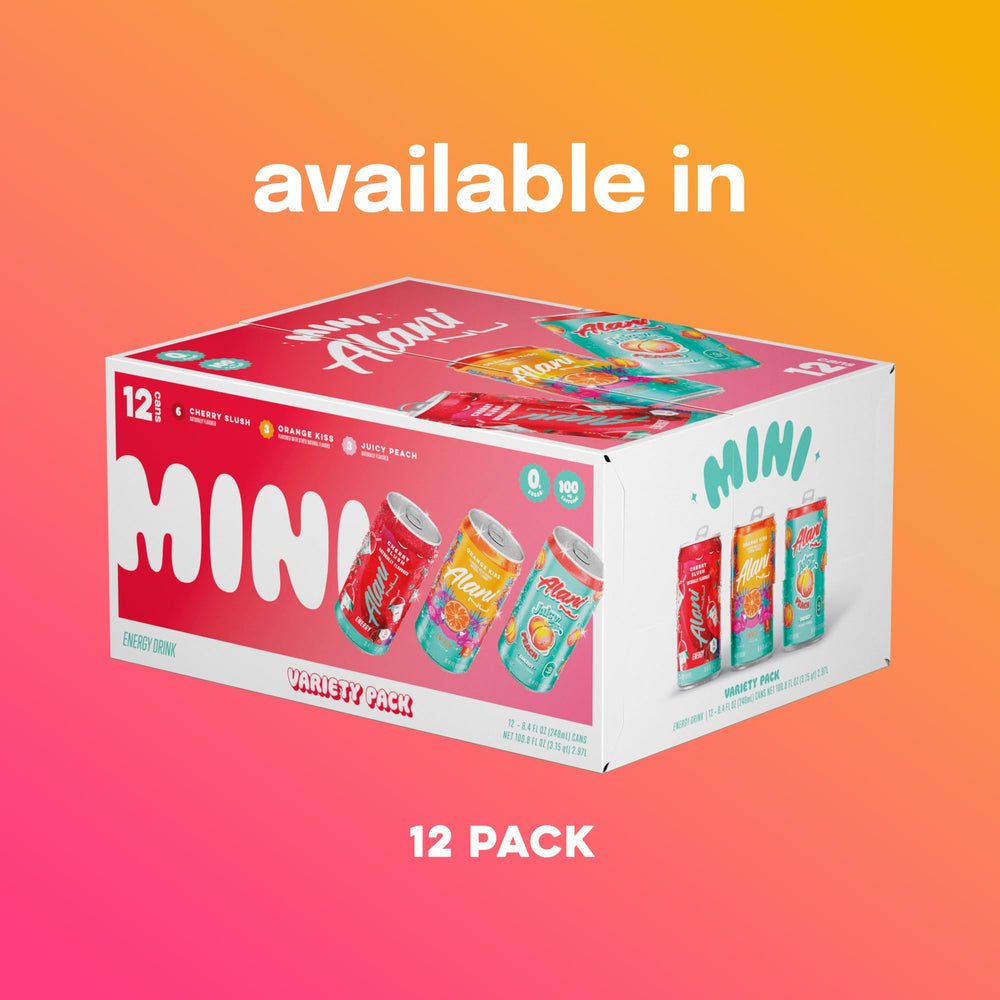 Alani Nu Mini Energy Juicy Peach label emphasizes vegan and gluten-free formula