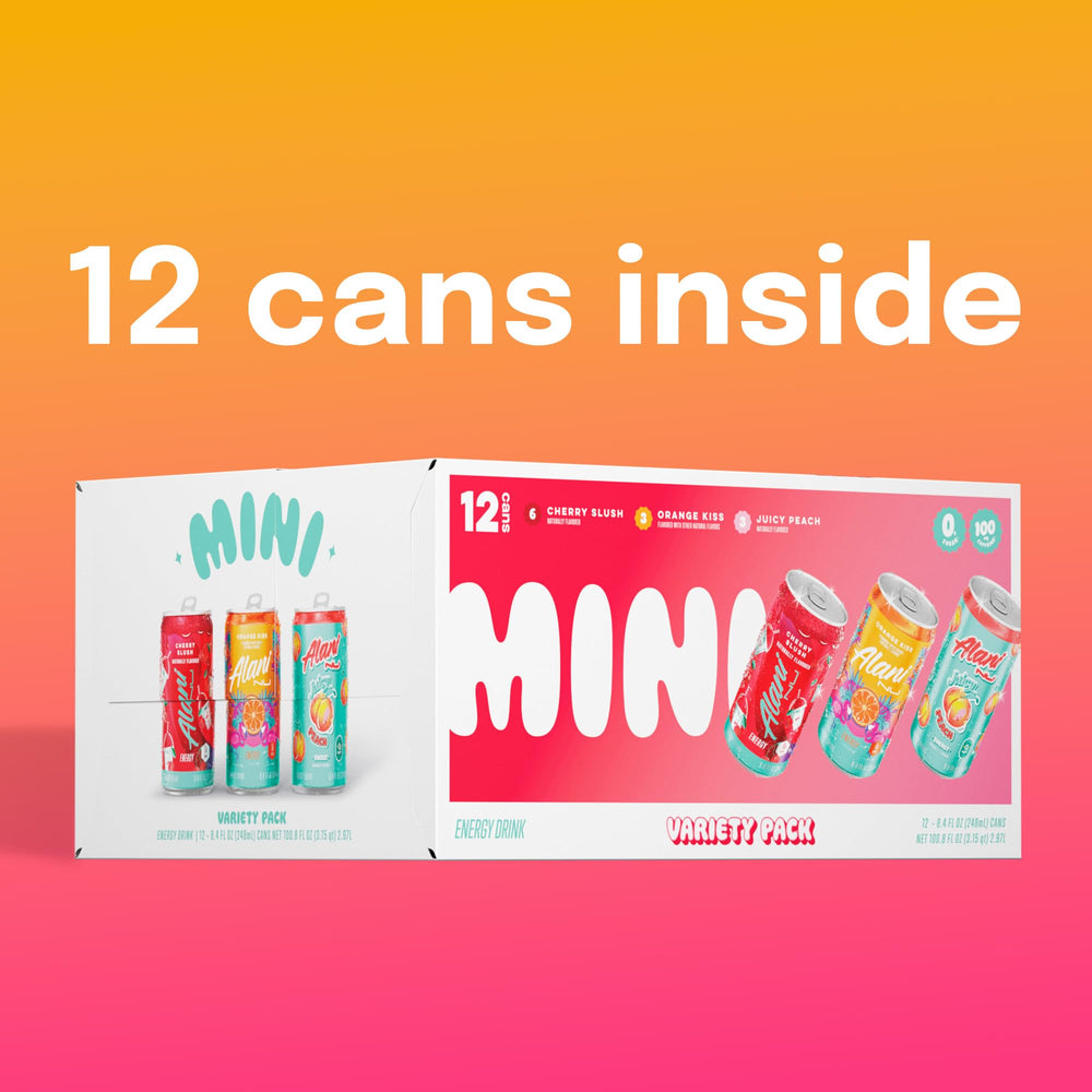 Alani Nu Mini Energy Orange Kiss label shows 100mg caffeine per can