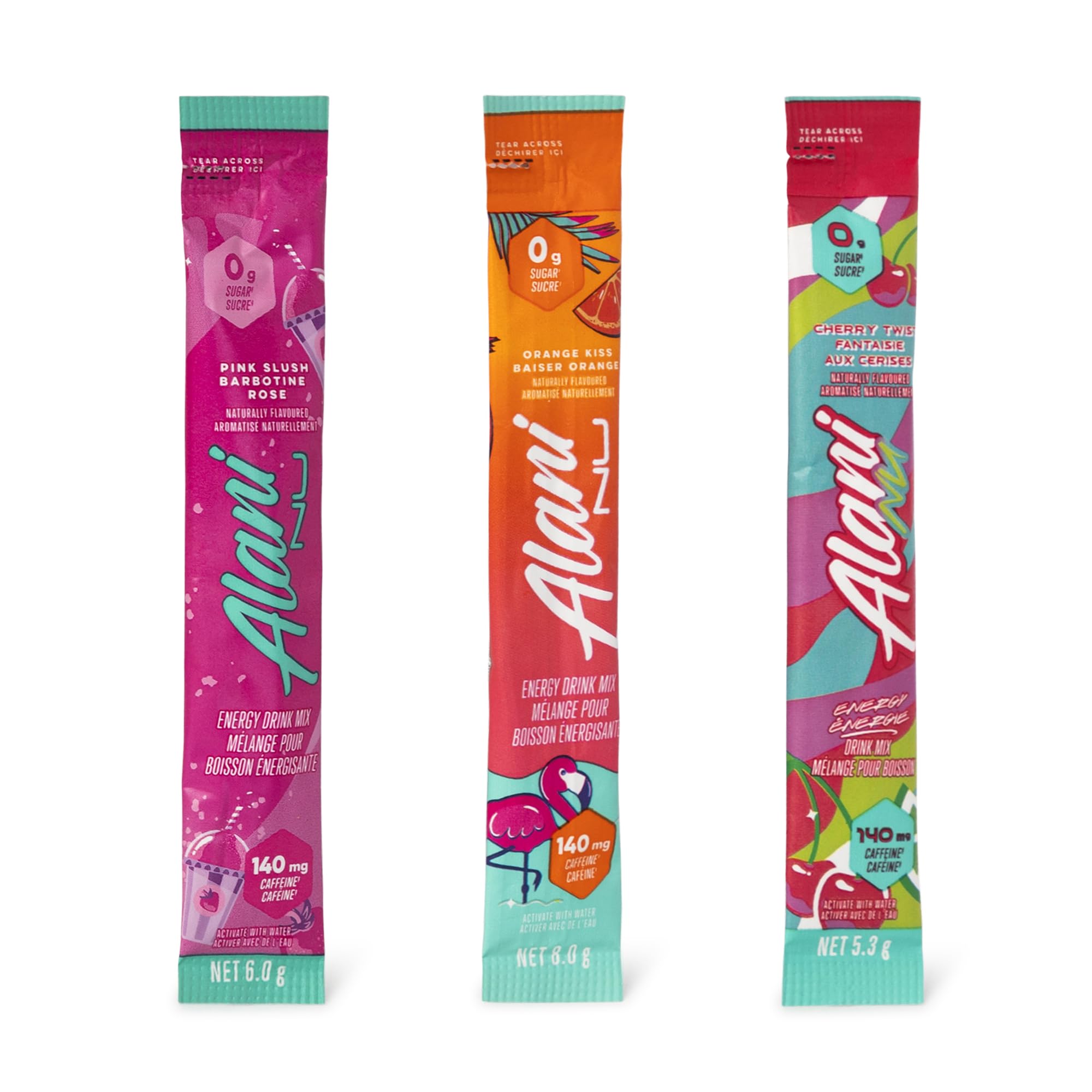 Alani Nu on-the-go packets shown in purse-ready arrangement.