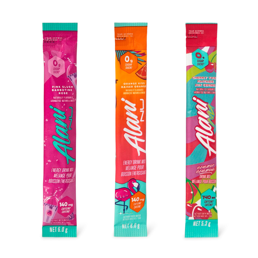 Alani Nu on-the-go packets shown in purse-ready arrangement.