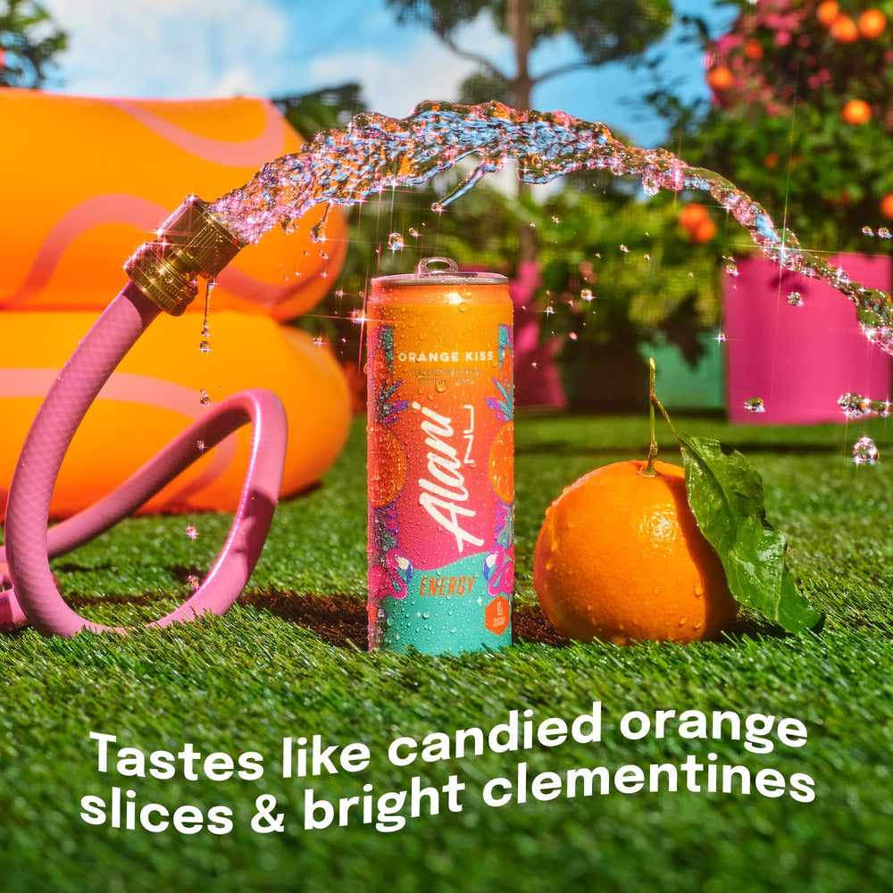 Alani Nu Orange Kiss bottle closeup highlights 200 mg caffeine and vibrant color.