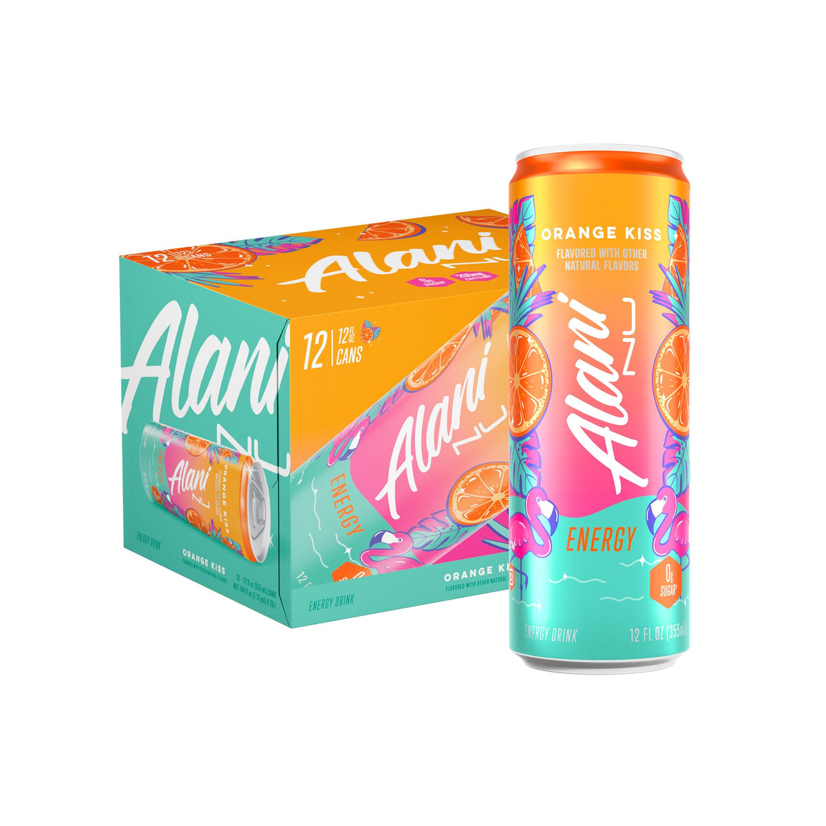 Alani Nu Orange Kiss bottle pouring for an on-the-go energy boost.