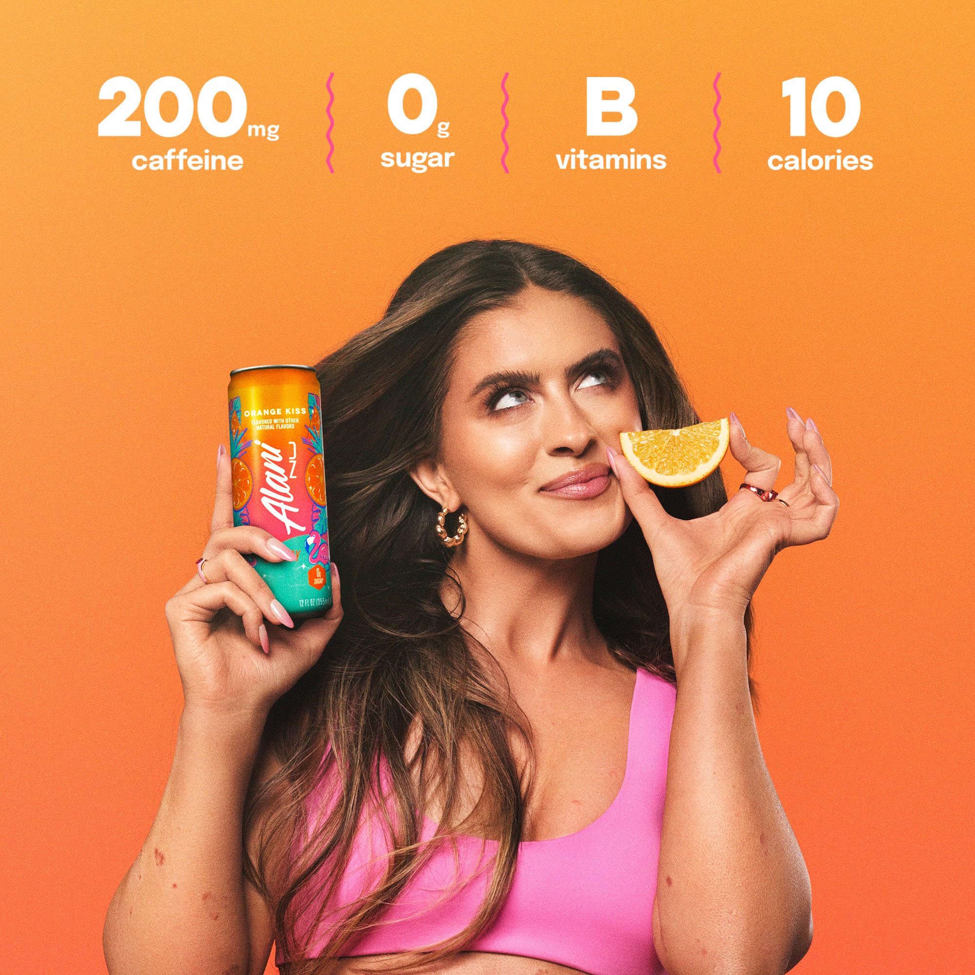Alani Nu Orange Kiss flavor splash with vibrant citrus impression.