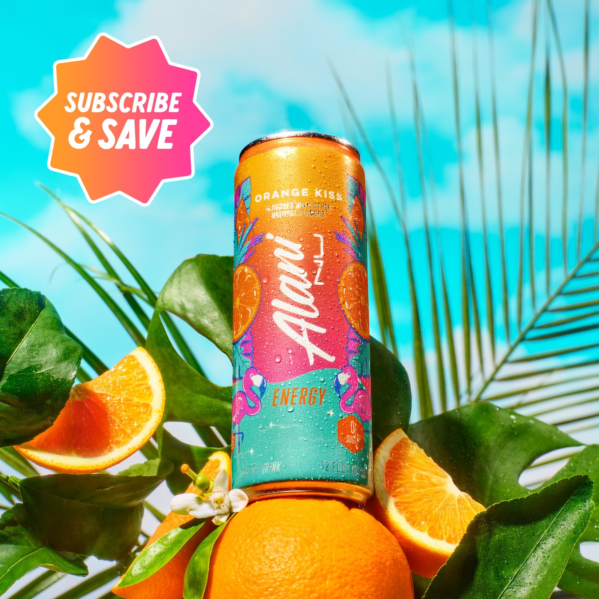 Alani Nu Orange Kiss in-hand pose conveys ready-to-drink convenience.