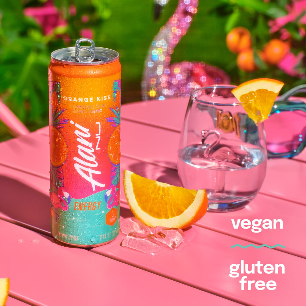 Alani Nu Orange Kiss label graphic communicates zero sugar and bold flavor.