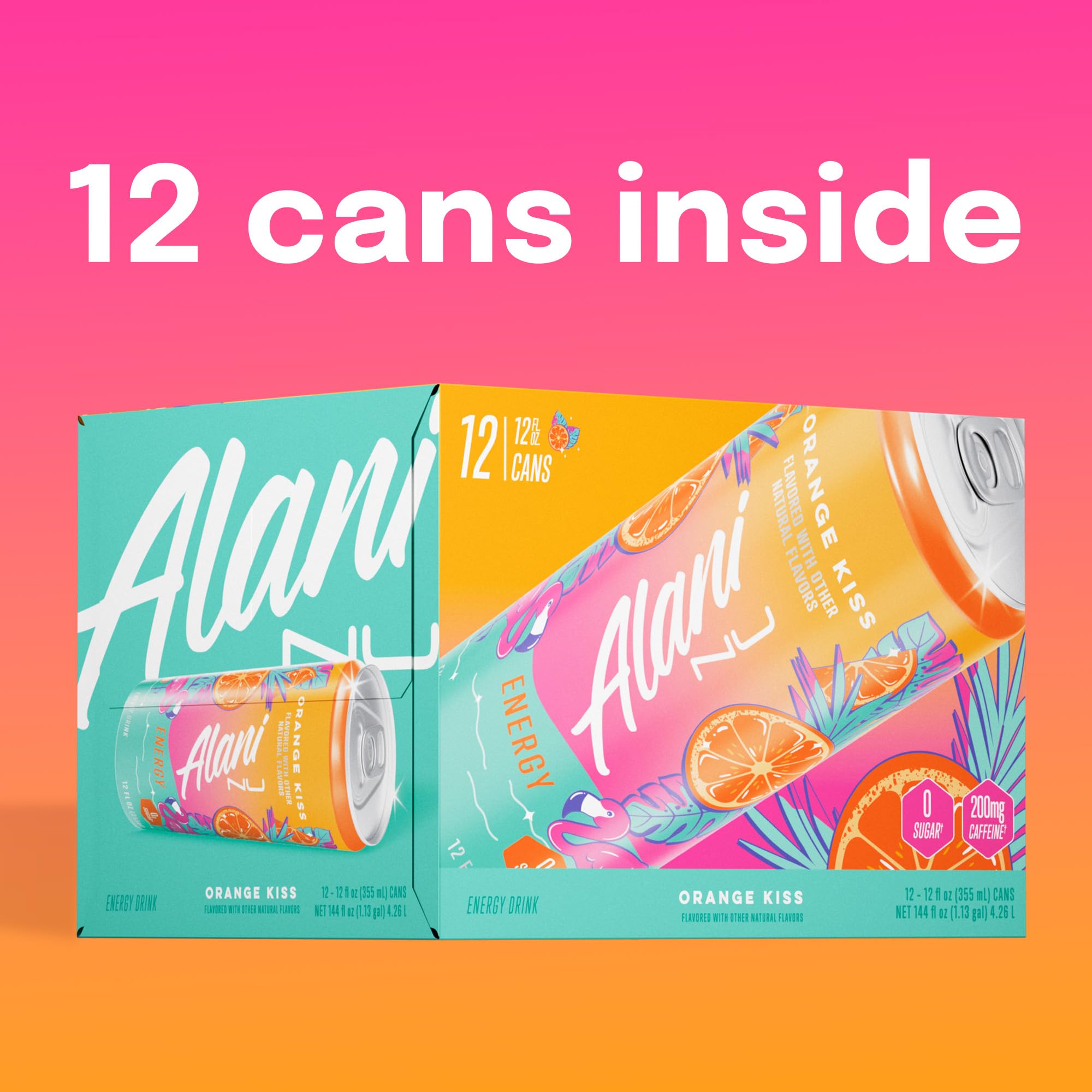 Alani Nu Orange Kiss label close-up showing vegan, gluten-free, colors-free formula.