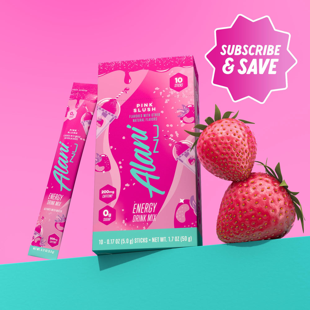 Glass of pink slush energy drink from Alani Nu for a low-calorie pick-me-up.