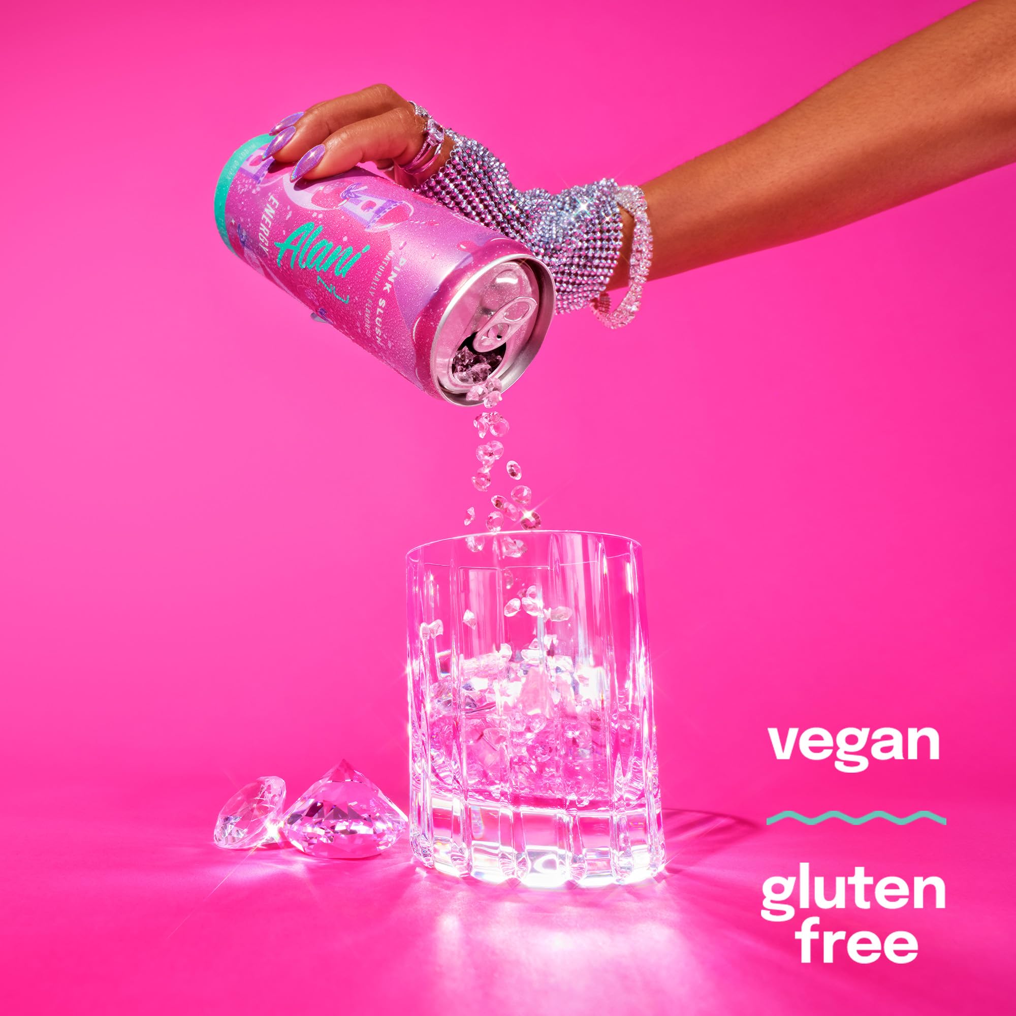 Alani Nu Pink Slush label closeup emphasizing vegan and color-free ingredients