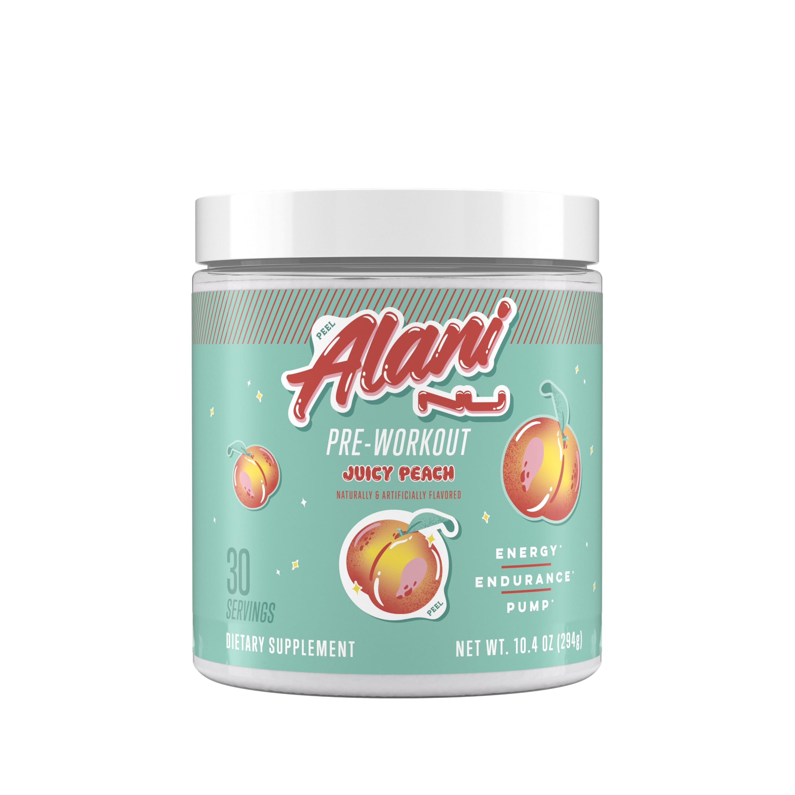 Alani Nu Juicy Peach pre-workout poured for steady energy during training.