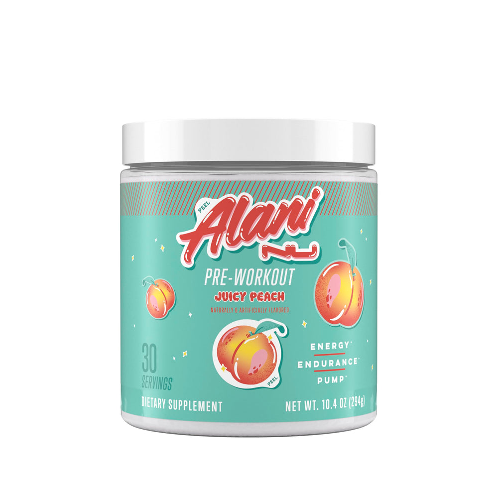 Alani Nu Juicy Peach pre-workout poured for steady energy during training.