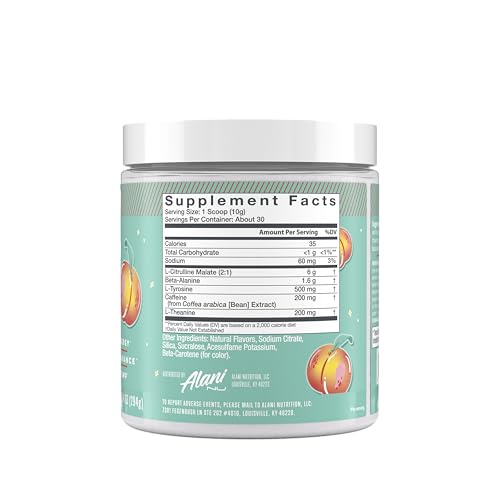 Scooped serving of Alani Nu Juicy Peach pre-workout for quick endurance boost.