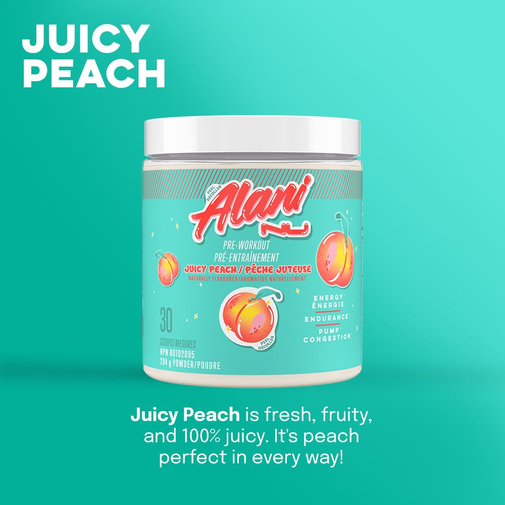 Alani Nu Juicy Peach tub displayed, gluten-free and sugar-free pre-workout formula.