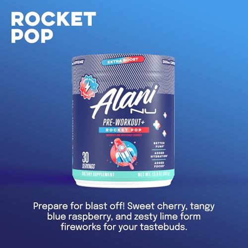 Alani Nu pre-workout flavor display featuring Rocket Pop, Mimosa, and Hawaiian Shaved Ice