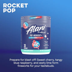 Alani Nu pre-workout flavor display featuring Rocket Pop, Mimosa, and Hawaiian Shaved Ice
